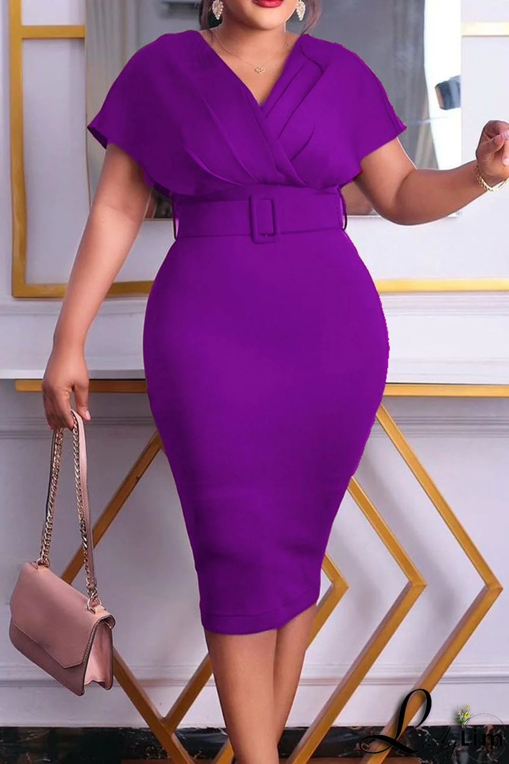 Purple Casual Solid Patchwork Fold V Neck One Step Skirt Dresses