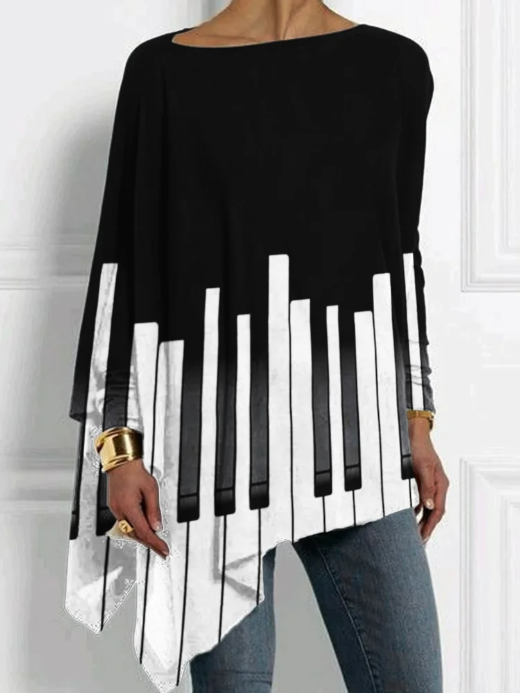 Irregular Piano Keys Contrast Bat Sleeve T Shirt