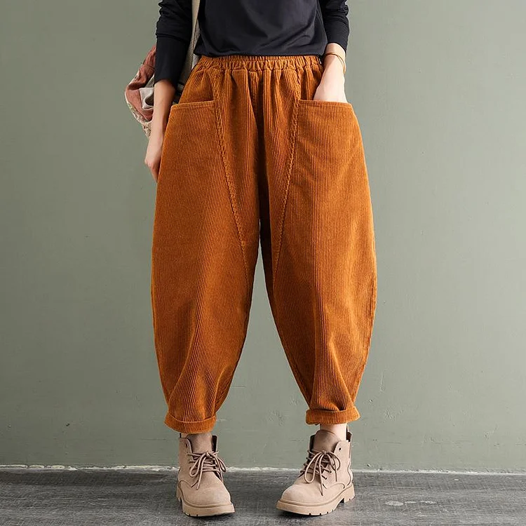 PLUS Size - Elastic Waist Corduroy Cotton Pants