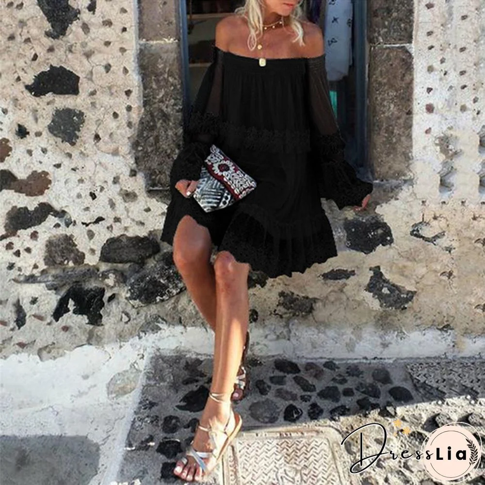 Damen Langarm Off Shoulder Kleid Ballkleid Lace Prom Sexy Holiday Strandkleid