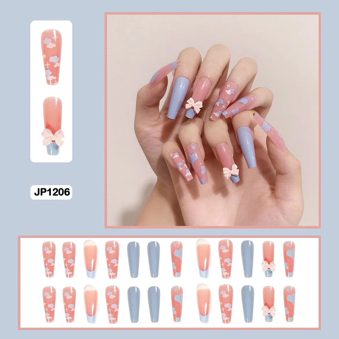 Three-dimensional bow flowers sweet heart shaped long trapezoidal wearable nail fake nails-Nail Inspo