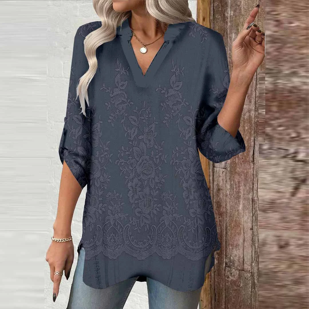 Women Ethnic, Grey, Flowers DZGA0480 3/4 Sleeve V-neck Printed Graphic Button Tops