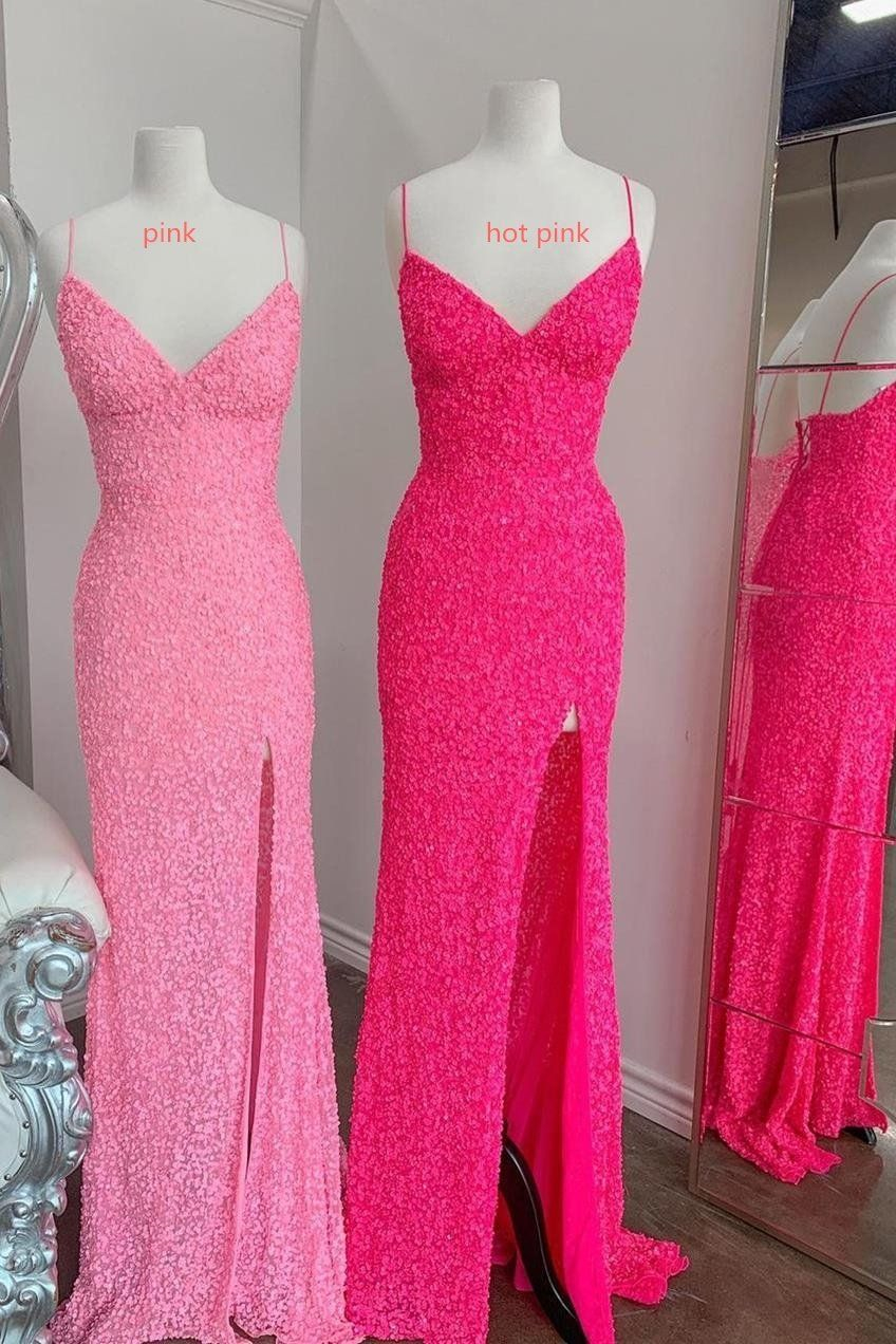 Oknass Sparkly Pink V-Neck Spaghetti-Straps Sleeveless Mermaid Long Prom Dress With Split