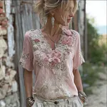 Vintage Pink Boho Floral Embroidered Flowy Linen T Shirt - Image 2