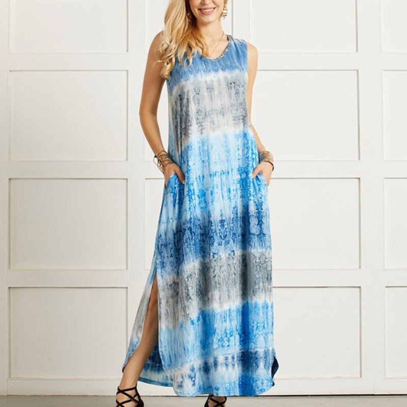 Vintage Sexy Tie Dye Print Slit Irregular V Neck Sleeveless Midi Dress