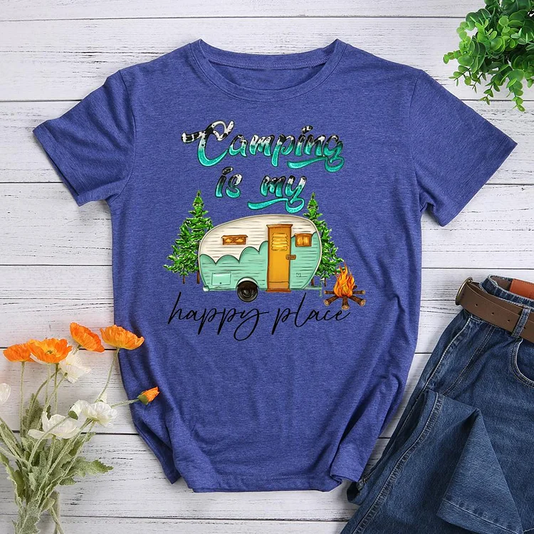 Camping Is My Happy Place Round Neck T-shirt-018291