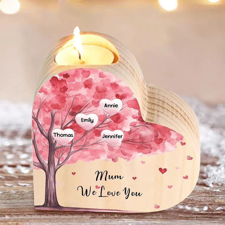 4 Names-Personalized Pink Heart Tree Heart-Shape Candlestick Set With Gift Box Custom Text  Mother's Day Gift Wooden Custom Candle Holder For Family