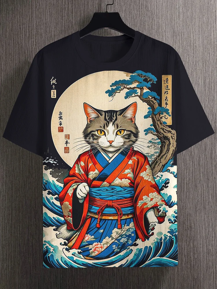 Men's Japanese Kimono Cat Pine Tree Waves Art Print Casual T-Shirt