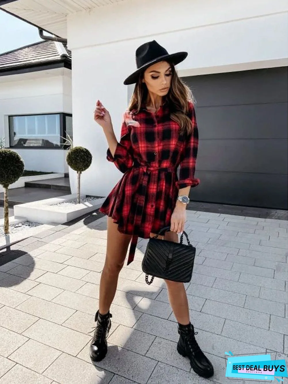 Autumn and Winter Fashion Sexy Printed Shirt Plaid Dress Skirt