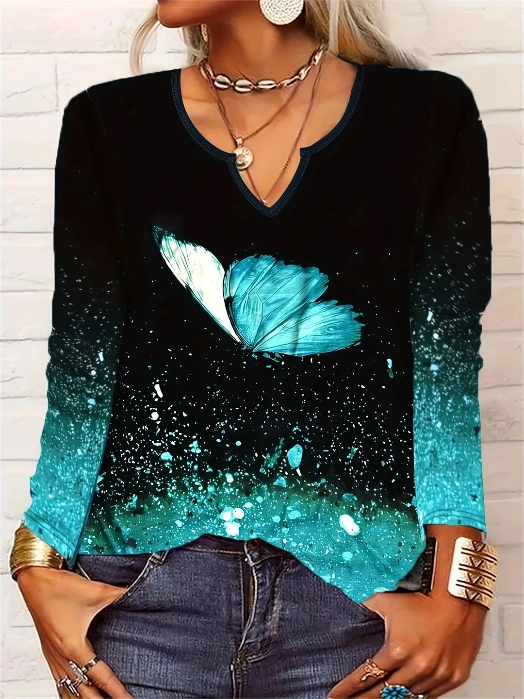 Women's Long Sleeve V-neck Printed Graphic Tops
