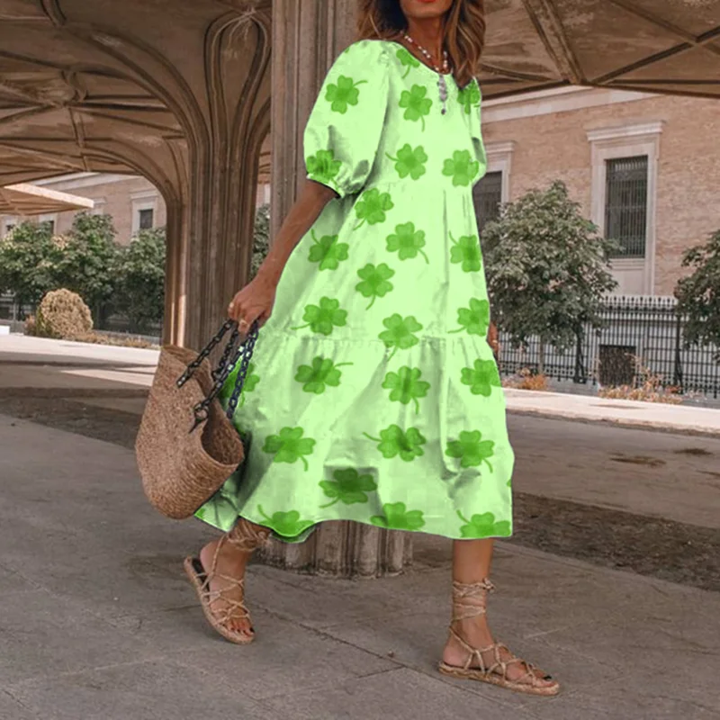 Trefoil Print Round Neck Short Sleeve Midi Dress
