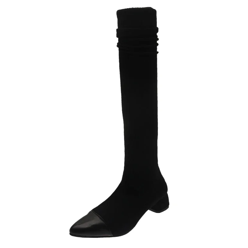Women Sock Boots Over The Knee Pointed Toe Elastic Fabric Boots Woman Slip On Thick High Heels Stretch Boots Woman Black Brown