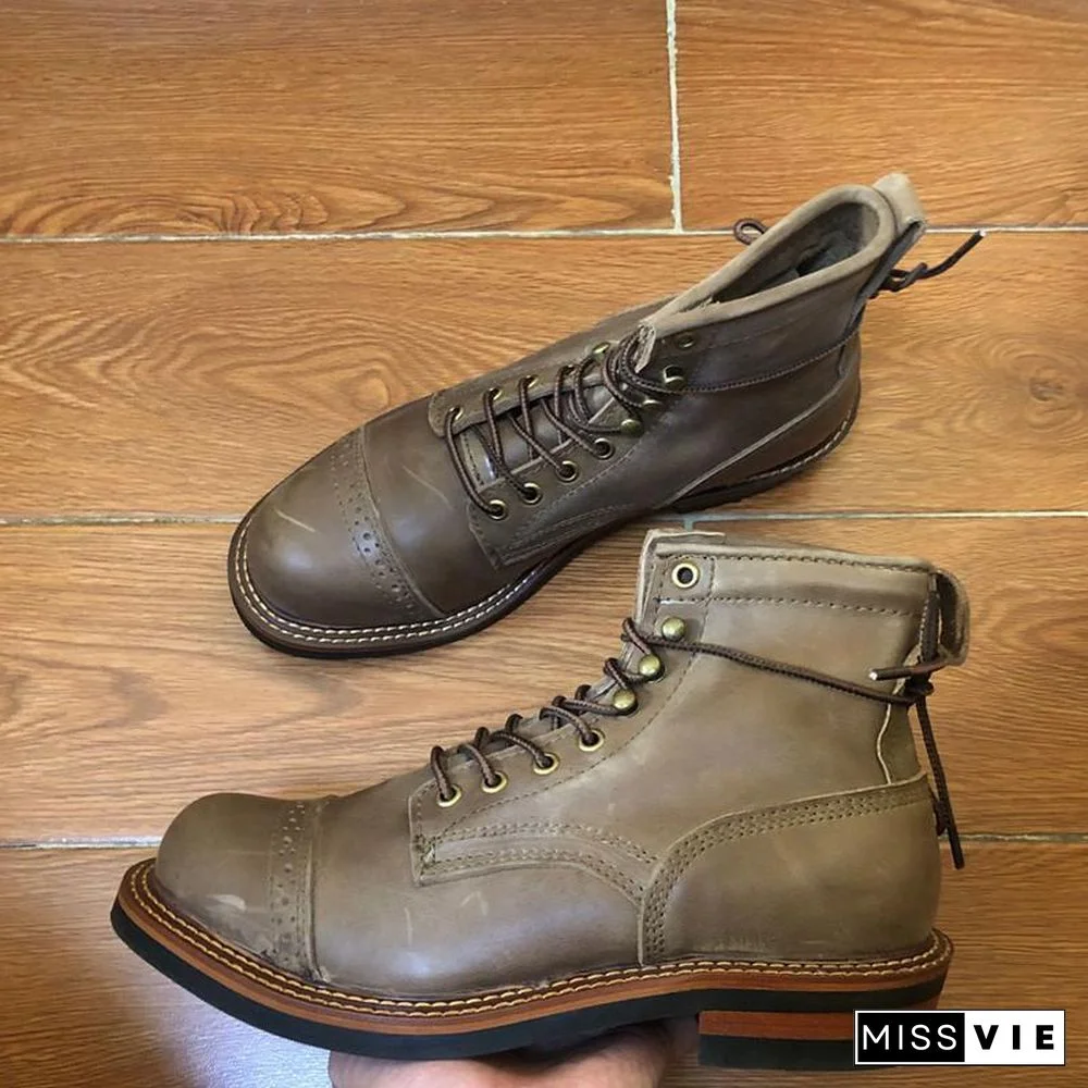 Genuine Genuine Leather Lace-Up Vintage High Quality Tooling White Ankle Boots Motorcycle Boots