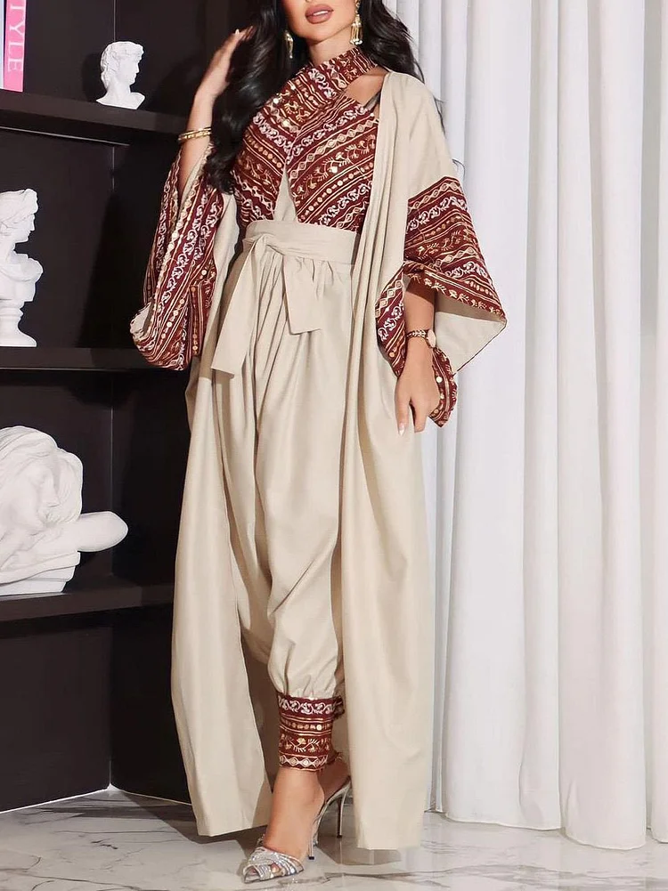 Floral Pattern Over-the-neck Jumpsuit and Tunic Set