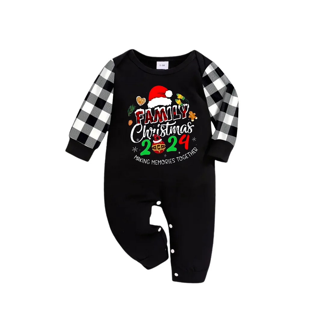 Family Christmas 2024 Making Memories Together Text Print Black Long Sleeve Top with Black And White Plaid Pants Family Matching Pajamas