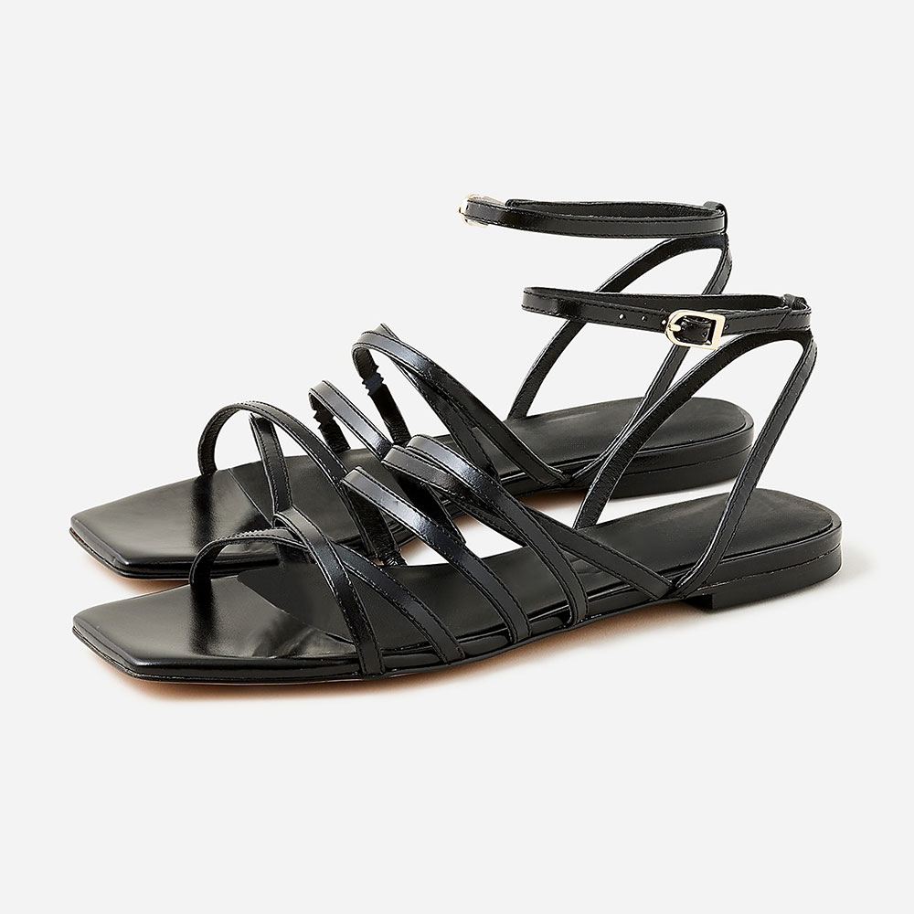 Black Open Squared Toe Criss-Cross Strappy Flat Sandals for Women Nicepairs