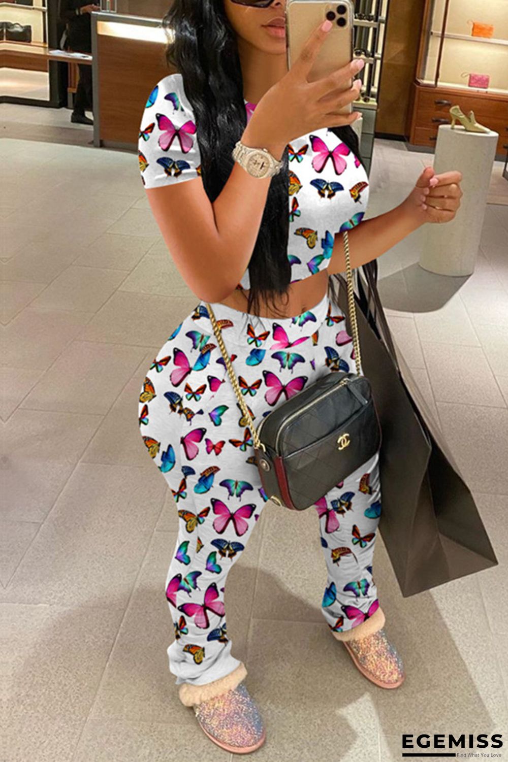 White Sexy Fashion Print Short Sleeve Top Trousers Set | EGEMISS