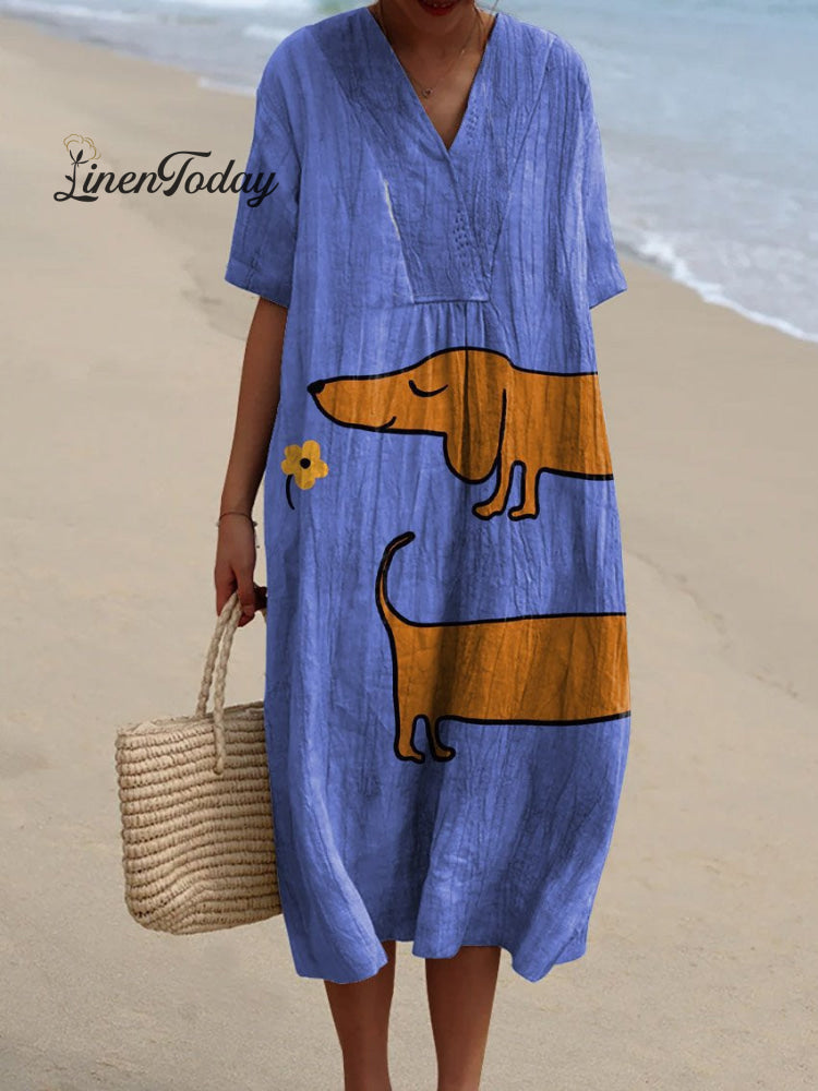 Women’s Vintage Lovely Dachshund Art Print Flowy Dress Blue / S