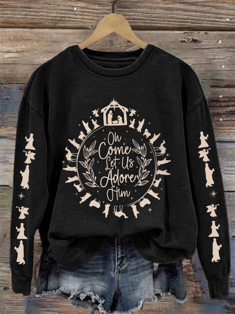 Comstylish Retro Christmas Oh Come Let Us Adore Him Print Sweatshirt