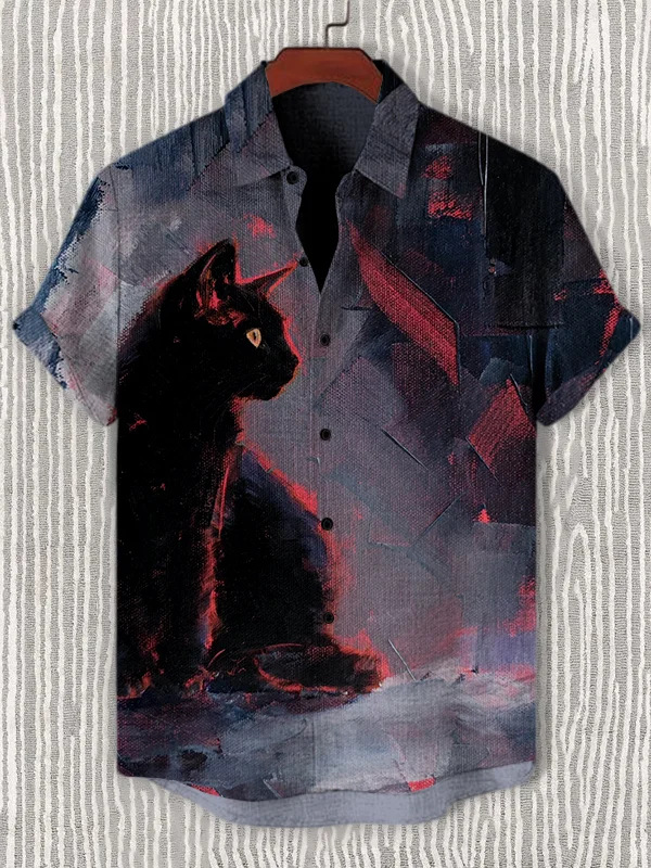 Men's Mysterious Black Cat Oil Painting Art Print Casual Shirt
