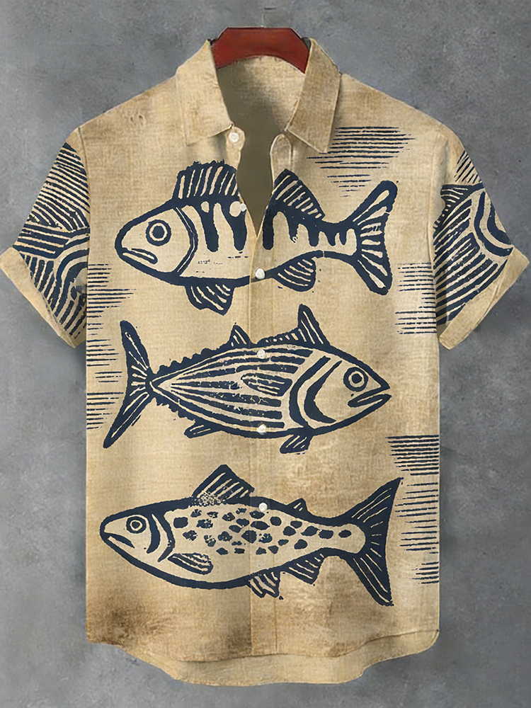 Retro Fish Rubbings Japanese Linen Art Comfortable Short-sleeved Shirt  artssus