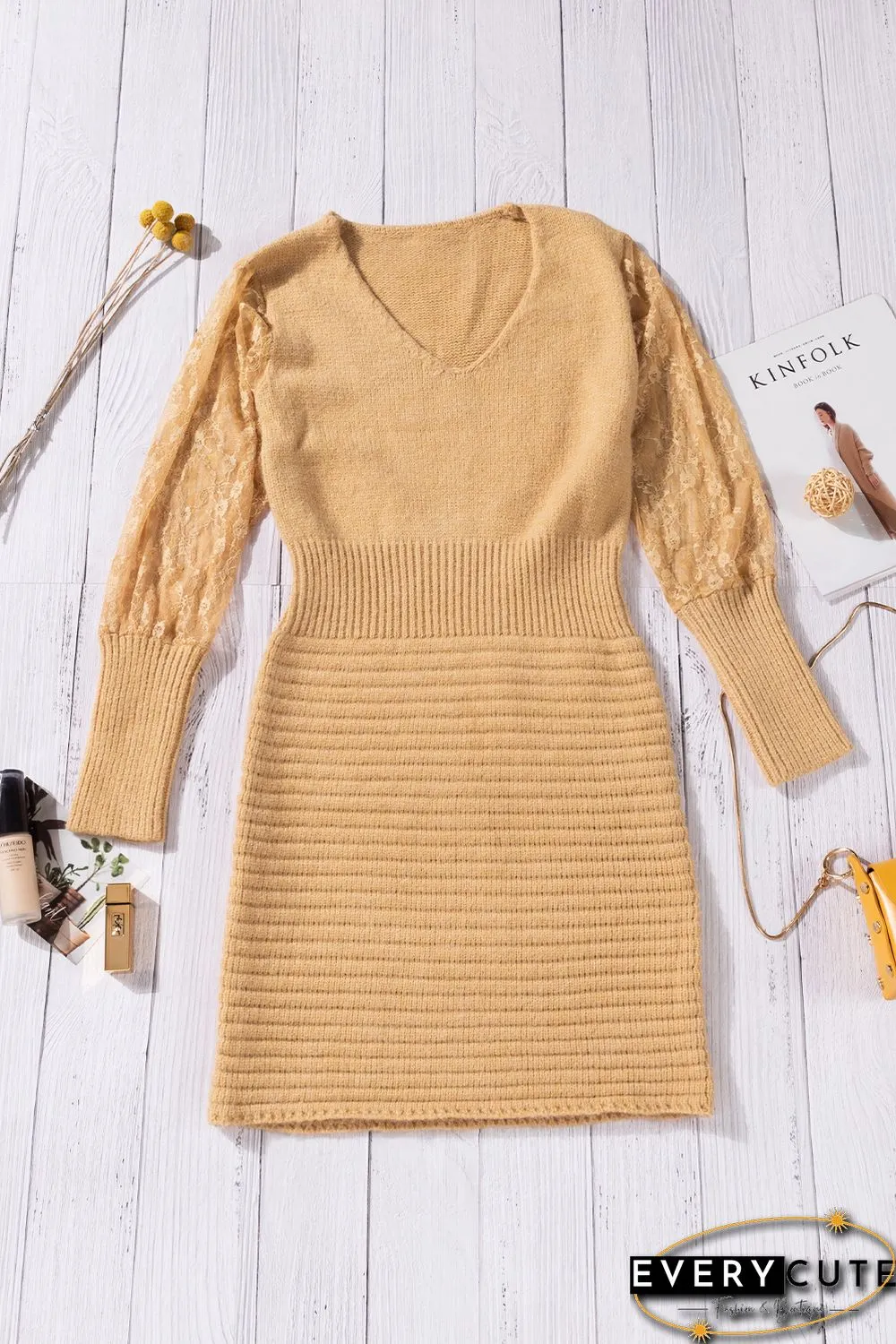 Khaki Lace Sleeve Patchwork Sweater Dress