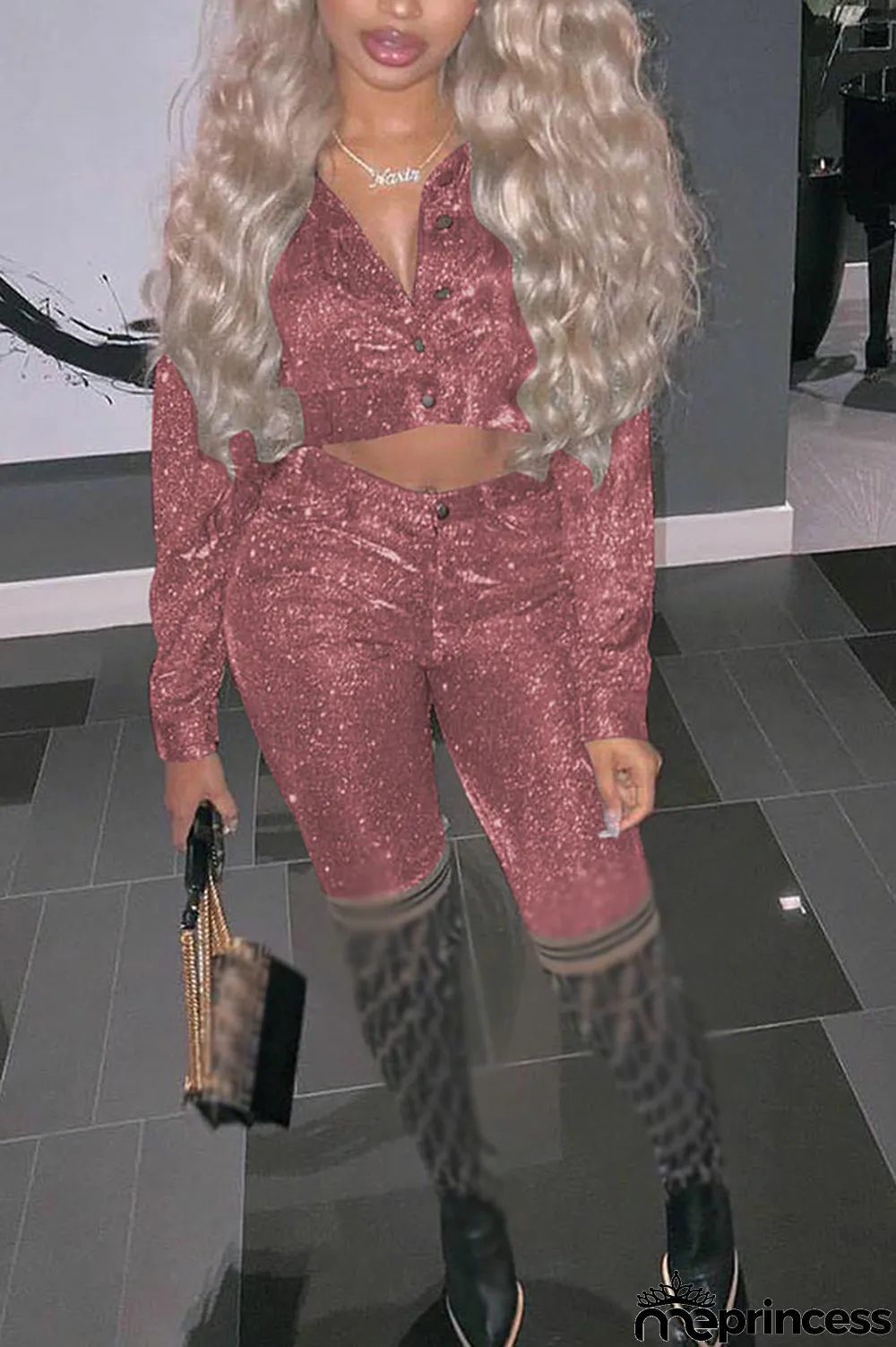 Black Street Polyester Solid Buttons V Neck Long Sleeve Regular Sleeve Regular Two Pieces