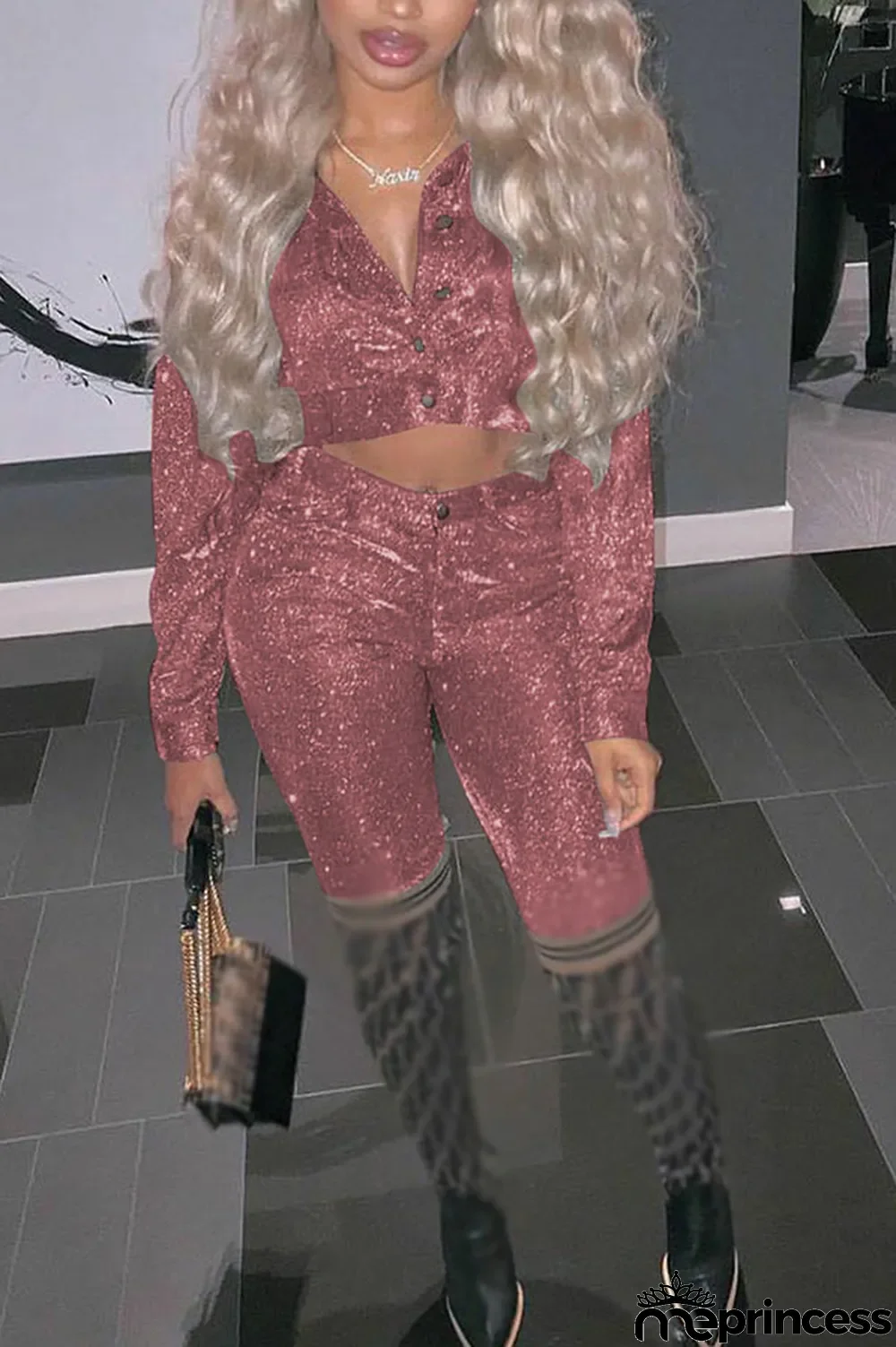 Black Street Polyester Solid Buttons V Neck Long Sleeve Regular Sleeve Regular Two Pieces