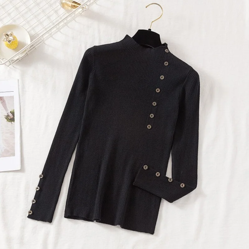 Women Casual Front Button Slim Knitted Sweater Long Sleeve Stand Collar Solid High Street Pullover 2021 Winter New Fashion Tops