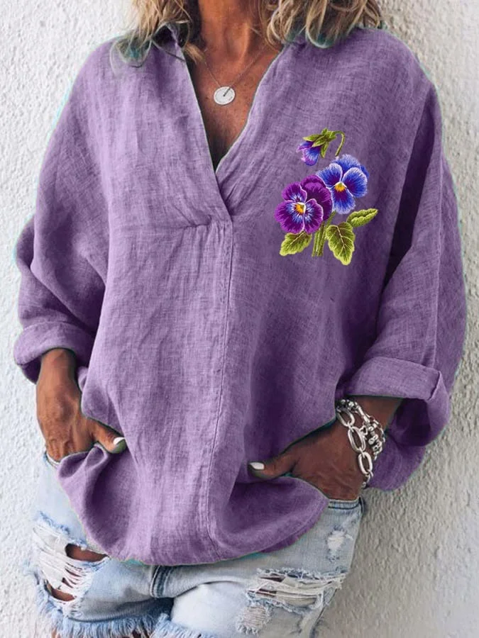 Women's Cotton And Linen Purple Floral V-Neck Top socialshop