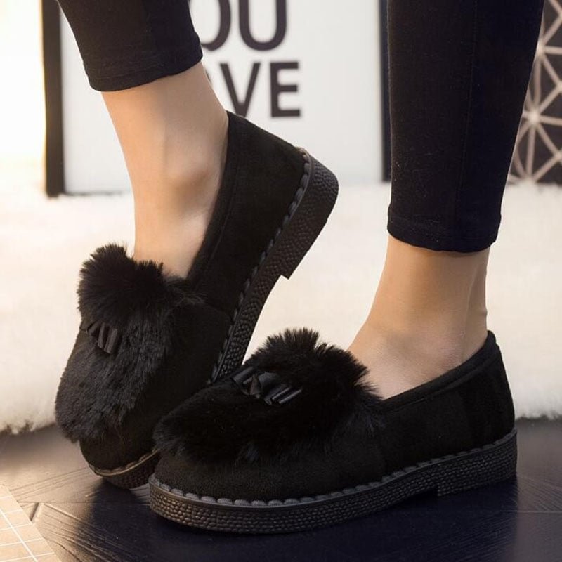 New 2020 Autumn Winter Women Ballet Flats Lovely Bow Warm Fur Comfort Cotton Shoes Woman Loafers Warm Fluffy Zapatos De Mujer