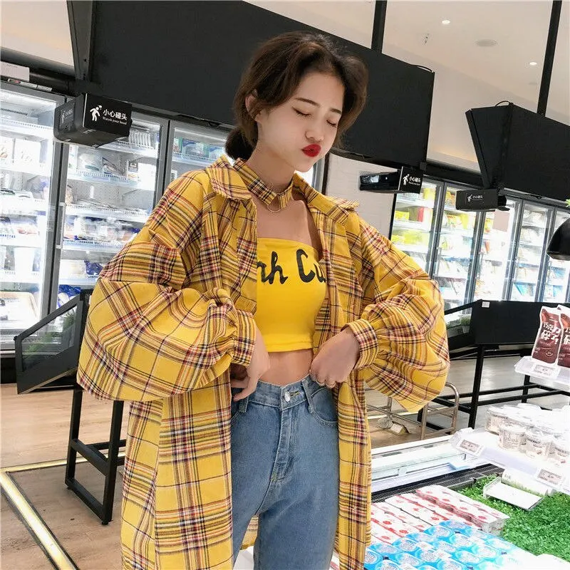 Blouses Women Classic Plaid Simple Loose Mid-long Student Korean Style BF Harajuku Shirt Womens Clothing Chic Fashion Streetwear