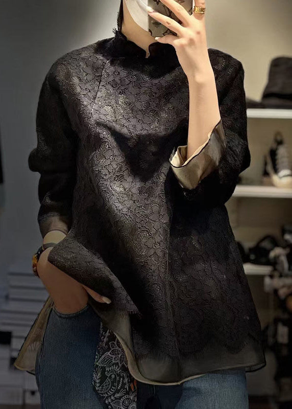 VCSHOES Black Stand Collar Side Open Patchwork Lace Tops Fall