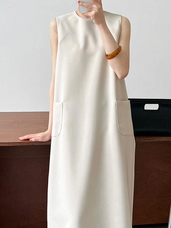 Casual White Round-Neck Pockets Split-Back Hem Sleeveless Maxi Dress