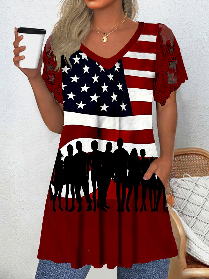 Women's Short Sleeve V-neck Graphic Lace Pockets Tops