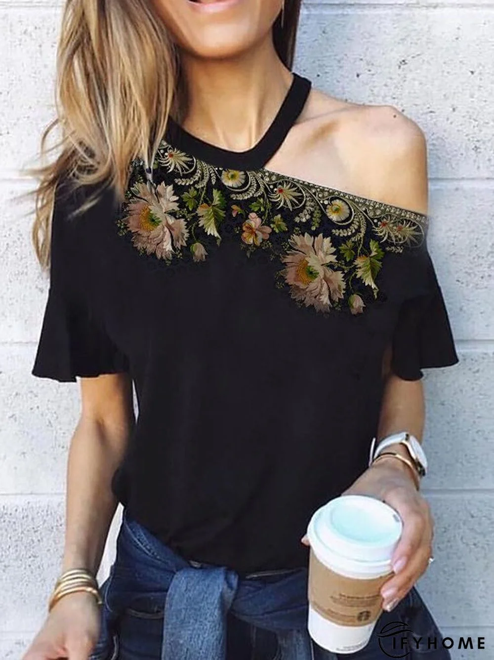 Casual Off Shoulder Cold Shoulder Shift Cotton-Blend T-shirt | IFYHOME