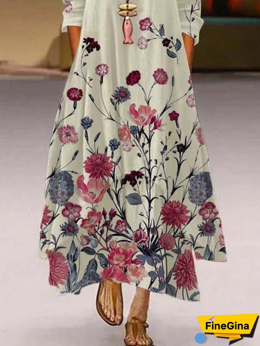 Floral-Print Crew Neck Casual 3/4 Sleeve Weaving Dress