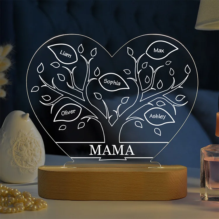 Personalisierte 5 Namen & Text Herz Familienbaum Familie Nachtlicht Geschenk für Großmutter/Mutter zum Muttertag
