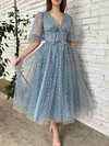 Blue Sparkling Tulle Puff Lantern Sleeve Tea Length Dress Fairycore Ball Gown Formal Robe A Line Corset Bodice Deep V Neck Pocketed Dresses