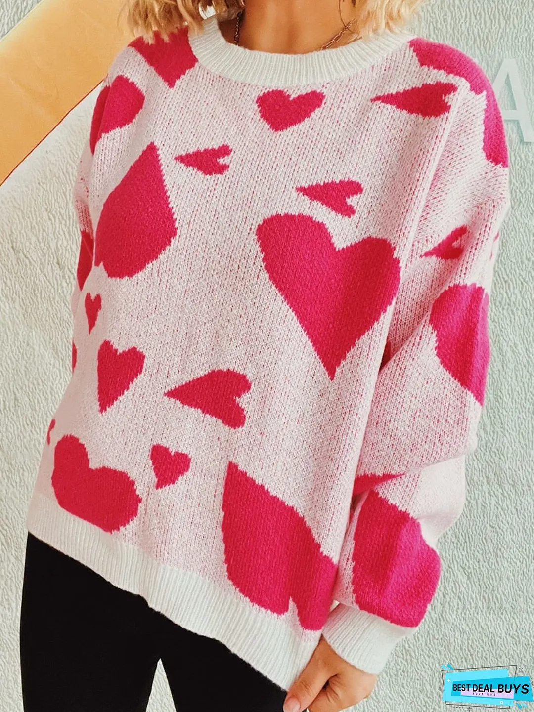 Heart Round Neck Long Sleeve Sweater