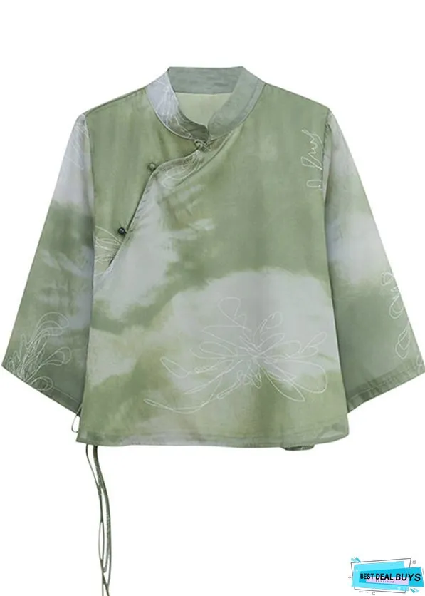 Women Green Stand Collar Tie Dye Silk Blouses Summer