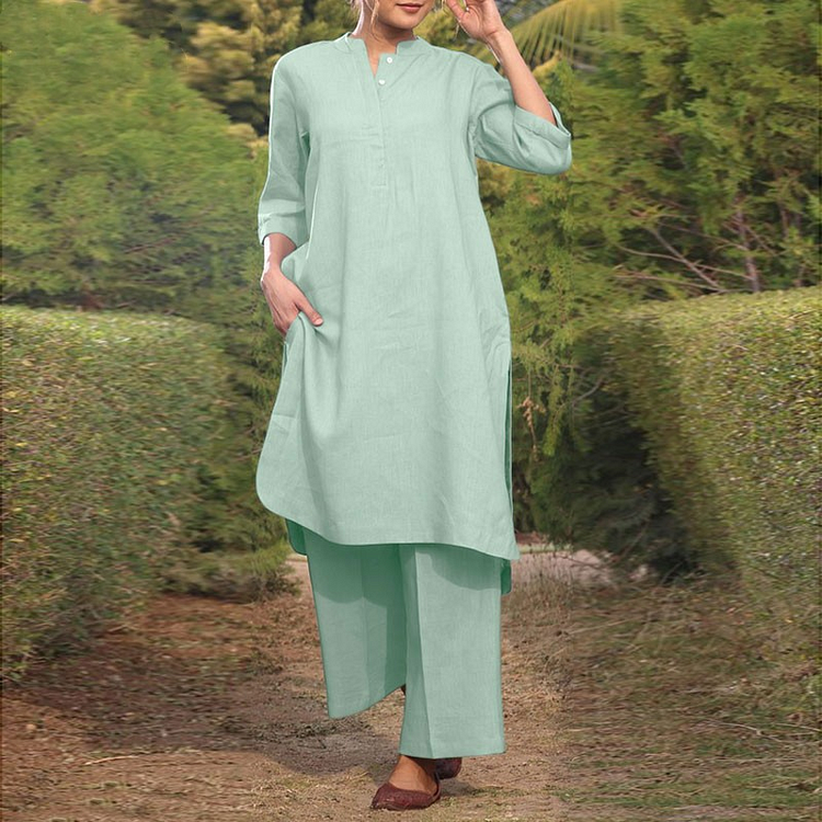 Women'S V-Neck 3/4 Sleeve Long Top And Pants 2-Piece Set