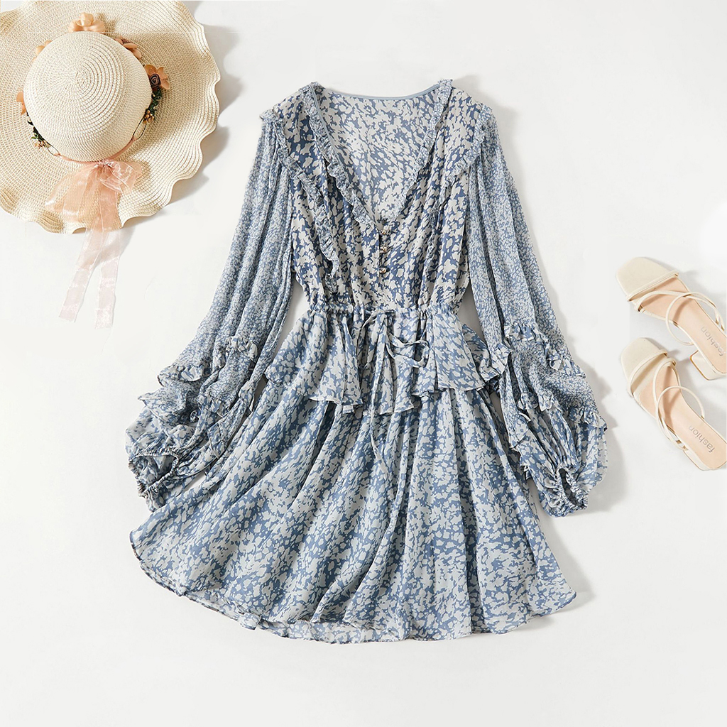 Blue Floral Prints Silk Dress for Women REAL SILK LIFE