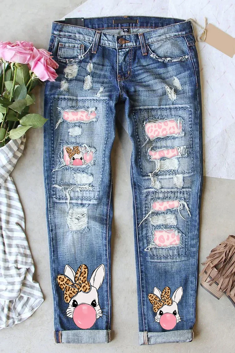 Bubble Gum Bunny Leopard Print Ripped Jeans