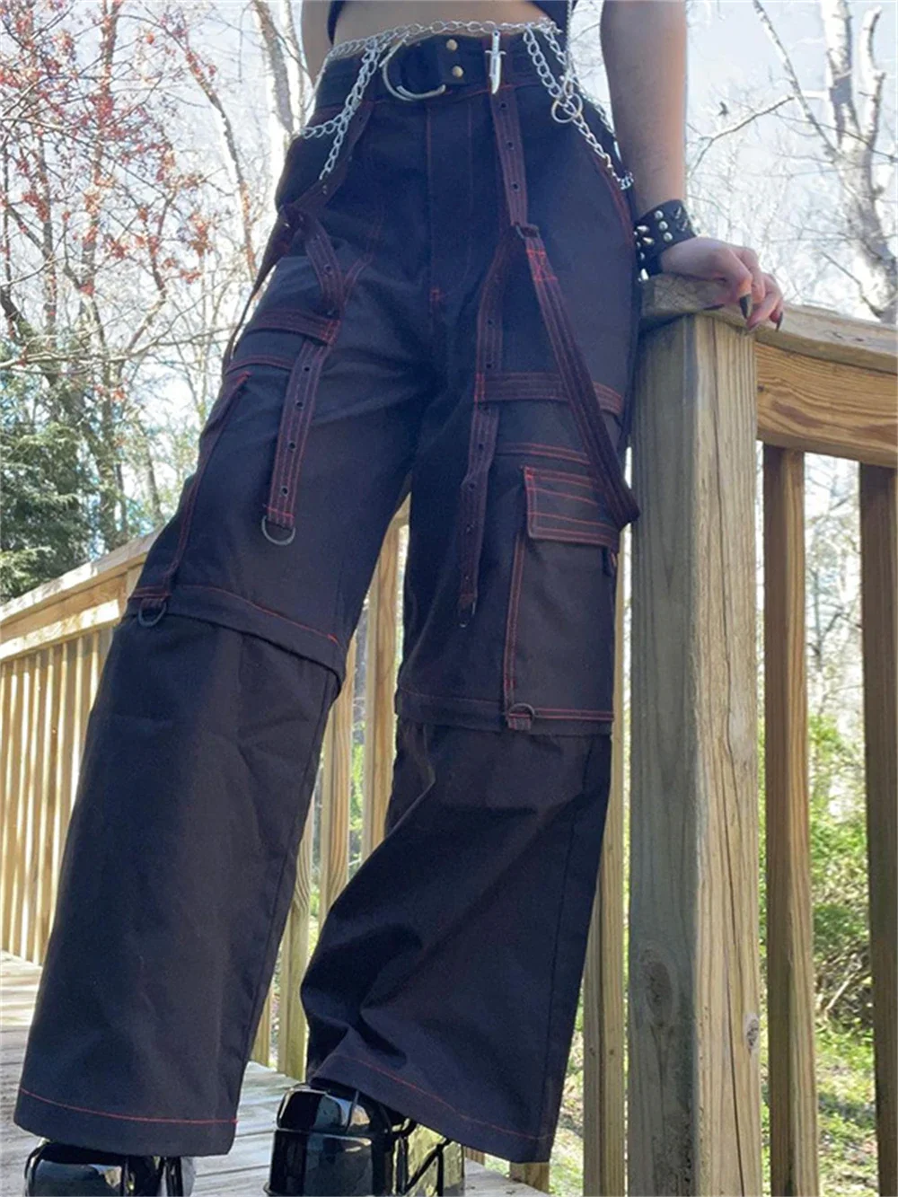 Jangj Gothic Black Punk Pants Alt Hippie Clothes Dark Harajuku Cyber Pants Y2k Mall Goth Chain Techwear E Girl Cargo Jean Grunge Pants