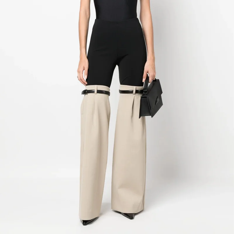 Woherb Woherb Fashion Autumn 2024 New High Waist Elastic Elastic Stitching Suit Pants Horn Show Thin Casual Pants Woman-Outfit Ideas