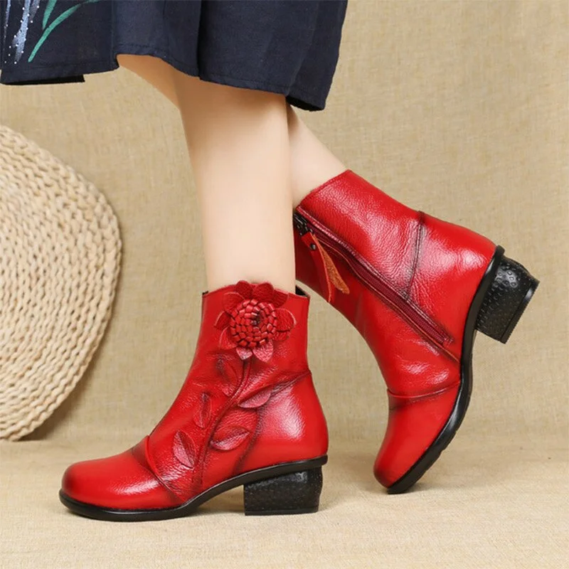 Qengg MCCKLE Women Ankle Boots Flower Women's Boots Woman Genuine Leather Ladies Fashion Zip Autumn Winter Comfort Female Shoes Woman