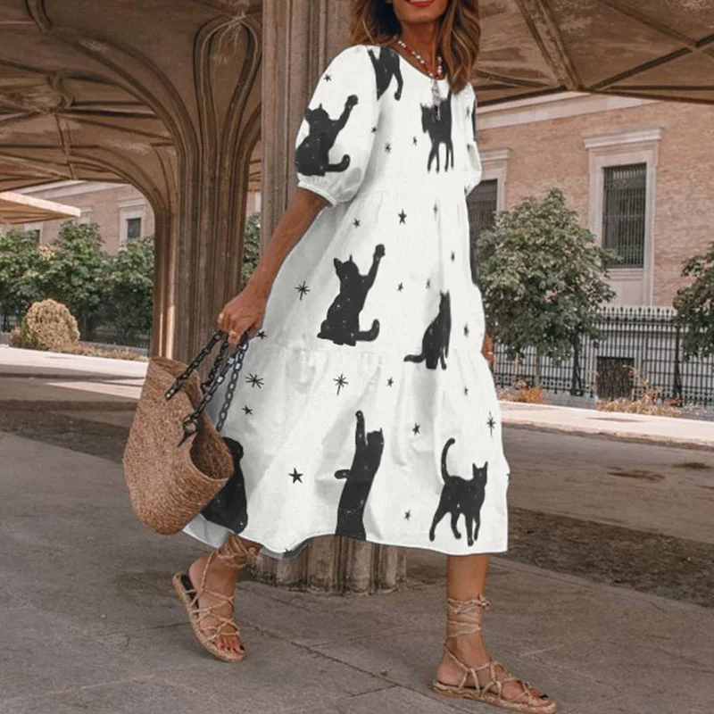 Cat Star Print Midi Dress