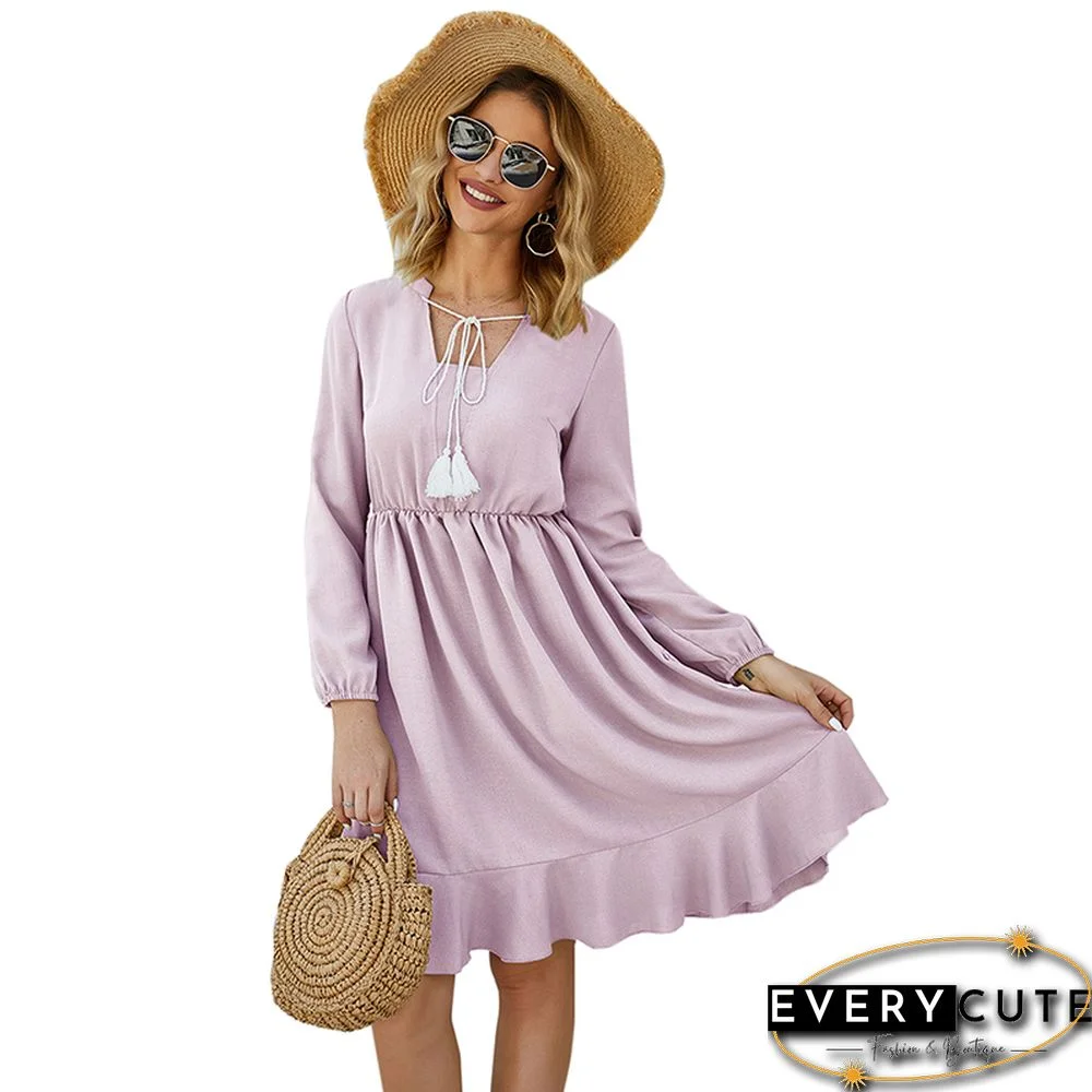 Light Purple Lace Up Long Sleeve Casual Dress