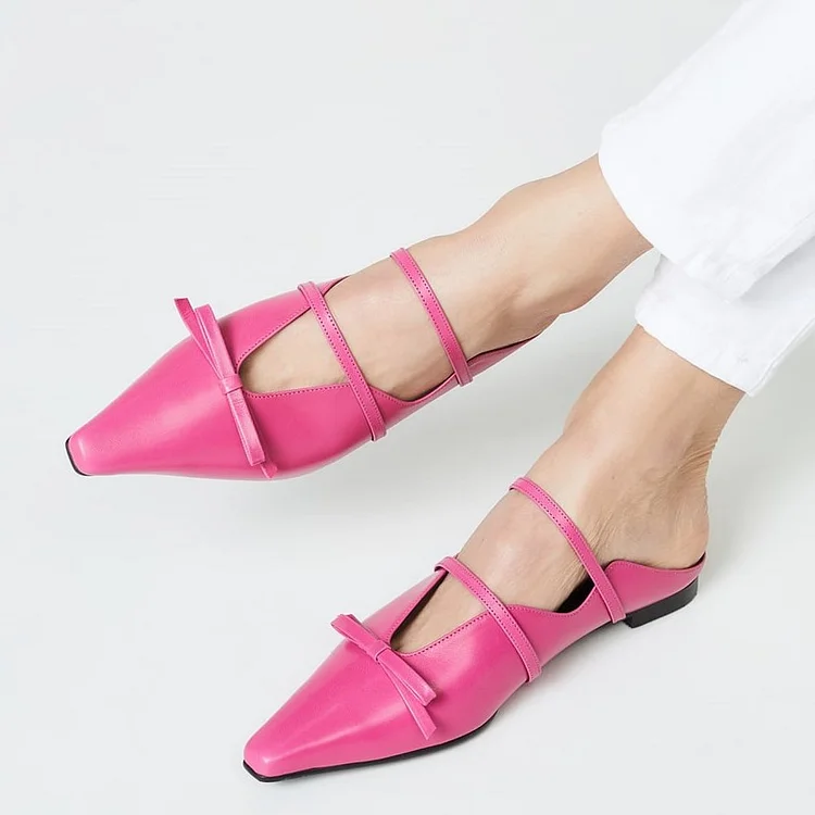 Pink Closed Toe Double Strap Bow Flat Mules |FSJ Shoes